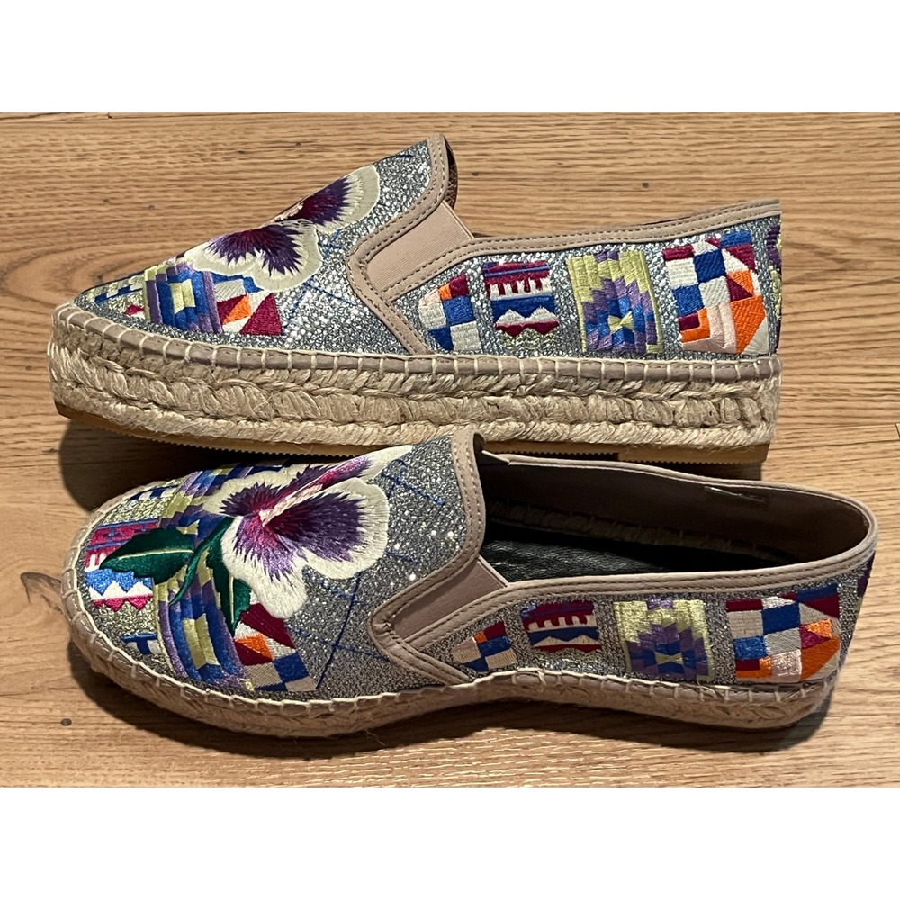 Johnny Was Madrid Espadrille Womens 9.5 Silver Multi Floral Embroidered Metallic - Picture 11 of 16